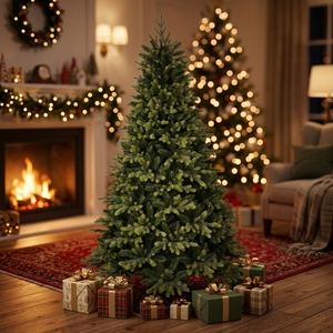 Arbre de Noël Artificiel en Gros d'Usine 1,5-3m Pré-éclairé LED Blanc Chaud Charnière Forme Pleine Arbre de Noël d'Intérieur Robuste et Durable - Product Image 1