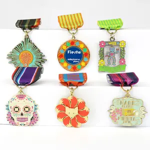 Unique Custom Metal Craft Hard Enamel Glitter Souvenir Carnival Fiesta Medal With Short Ribbon