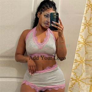 Кружевной лоскутный эластичный Топ контрастных цветов с V-образным вырезом и облегающая юбка с высокой талией - Product Image 5