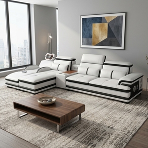 Divano Modulare Moderno in Pelle Bianca <span class=keywords><strong>e</strong></span> Nera - Set Sezionale di Lusso per Soggiorno Minimalista con Arte Astratta - Product Image 6