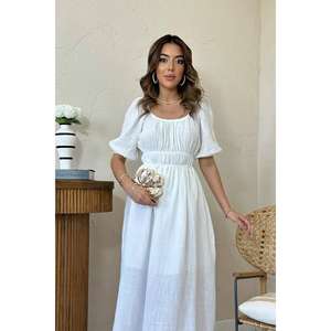 Vestido blanco de lino con hombros descubiertos, cintura elástica, ajuste holgado, transpirable, informal, para uso diario, tela tejida, estilo sencillo - Product Image 3