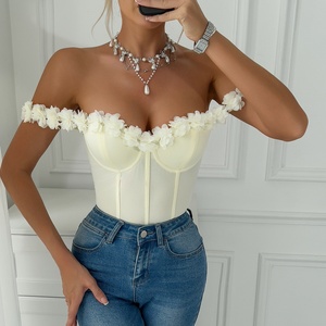Women's Off-Shoulder Stretch <strong>Bodysuit</strong> with 3D Floral Appliqu&eacute; - Elegant <strong>Cream</strong> Corset-Style Top (Wholesale, OEM/ODM) - Product Image 2