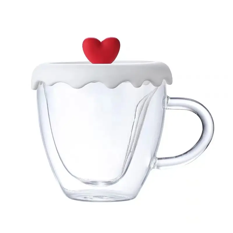 Atacado e varejo caneca vidro alto borosilicato caneca vidro New Double Layered Heart shaped Cup para cozinha