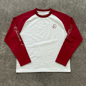 Maillot de baseball brodé personnalisé à manches longues blanc et rouge, col ras du cou raglan, t-shirt décontracté pour homme 100 % coton coupe classique - Product Image 2