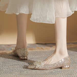 Ballerines de mariage couleur champagne à talon bas, dessus en cuir véritable, semelle intermédiaire en caoutchouc, imperméables - Product Image 3