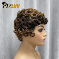 Gran Oferta: Peluca Chioma de Cabello Humano con Flequillo, Corte Pixie, Rizada, Color 1b/30, Cabello Humano Virgen Corto