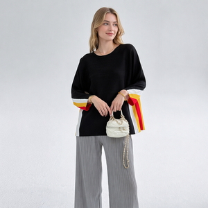 Pengiriman Cepat Kasual Warna-Blok Patchwork Poliester Terstruktur Lengan Kelelawar Musim Gugur Wanita Modis 2026 Gaya Miyake - Product Image 5