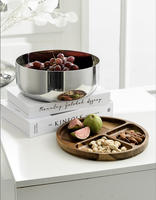Plateau à fruits en bois d'acacia moderne et luxueux, bol en acier inoxydable à trois étages, plateau de rangement pour noix, collations et table basse