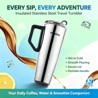 Gobelet isotherme en acier inoxydable avec revêtement en poudre durable, design simple, avec poignée et couvercle, idéal pour les voyages et le café glacé