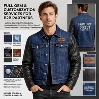 Chaqueta Trucker de Mezclilla Lavada para Hombre con Empalmes de Piel de Cabra, Cuello Solapa Personalizado, Prenda Exterior de Cuero Genuino para Fabricantes OEM y Venta al por Mayor