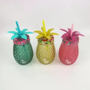 Groothandel 16 Oz 450Ml Gespoten Kleur Ananas Vorm Glas Mason Potten Met Pp Stro En Metalen Deksel