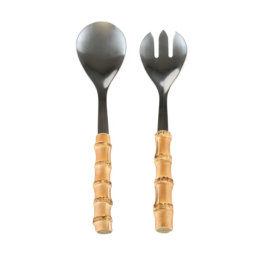 Keukengerei Servies Bestek Roestvrij Staal Hout Bamboe Wortel Handvat Voedsel Serveren Spork Saladevork Lepel Server Set