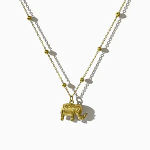 Free Tarnish 316L Stainless Steel 18K Gold Pvd Plated Bead Chain Engraved Puffy Elephant Charm Necklace for Women