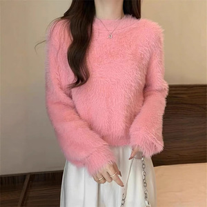 Suéter Blanco de Imitación de Visón, Talla Única, Color Sólido, Corte Holgado, Top de Punto para Mujer, Estilo Otoño Invierno - Product Image 4