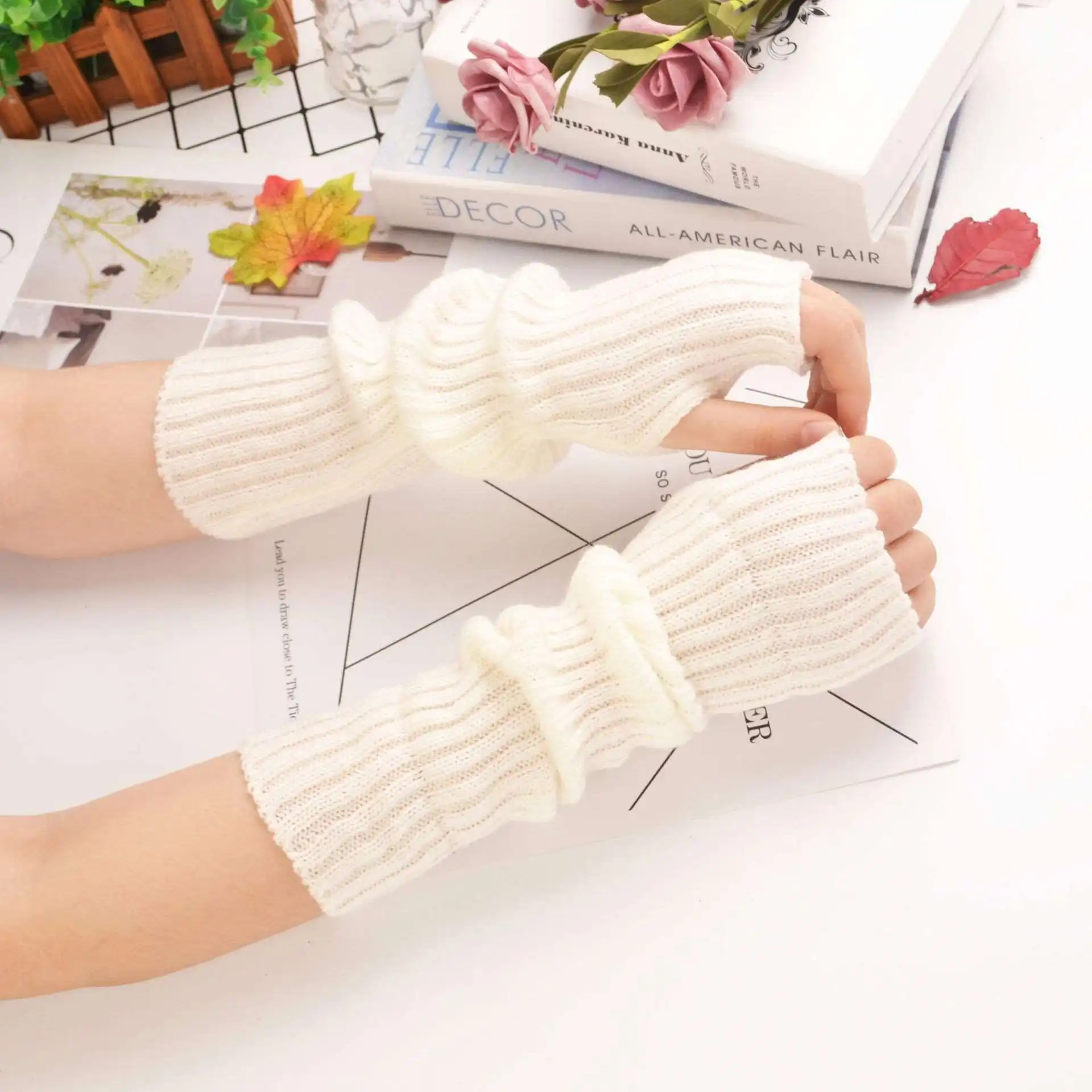 JMST Winter Knit Ladies Wrist Arm Long Sleeve Keep Warm Acrylic Mittens Long Fingerless Winter Gloves