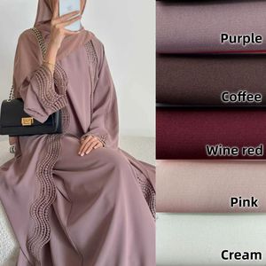 Ensemble Abaya élégant pour femmes musulmanes, grande taille, vêtements modestes, deux pièces, avec dentelle, cardigan <span class=keywords><strong>ouvert</strong></span> sur le devant et robe longue intérieure - Product Image 2