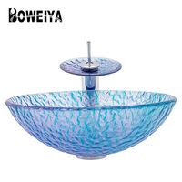 Boweiya Meilleure Vente Élégante Vasque de Salle de Bain Bleue et Blanche en Verre Trempé Transparent Minimaliste à Poser sur Comptoir