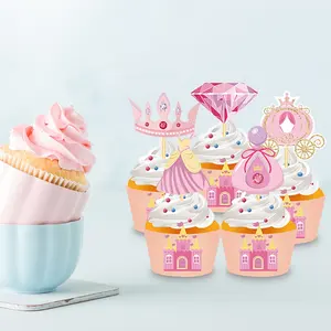 Wb050 festa de princesa castelo rosa papel envoltório cupcake e toppers para decoração de sobremesa