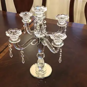 Candelabro de vela de cristal para Decoración de mesa de boda de primera calidad JY, candelabro de mesa de cristal con 5 brazos
