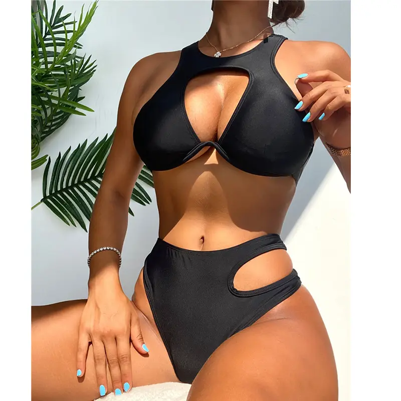 High Neck Underwire Two Pieces High Waist Sport Bikinis 2023 Women Swimwear Sexy