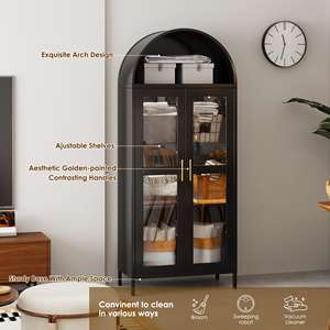 خزانة جانبية صينية عتيقة سوداء لغرفة المعيشة، خزانة تخزين فولاذية منزلية مقوسة مع باب زجاجي - Product Image 4