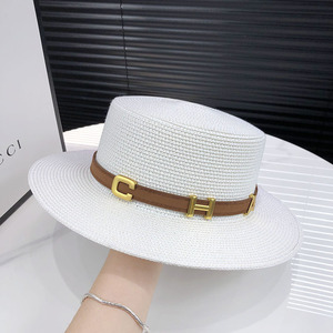 Chapeau de soleil d'<span class=keywords><strong>été</strong></span> à large bord en paille avec ceinture, style boater, chapeau de plage Panama à calotte plate pour <span class=keywords><strong>femme</strong></span> - Product Image 3