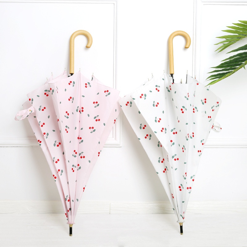Japanese Style 8K Straight Rod Umbrella Simple Creative Retro Women Rain Umbrella Wooden Handle Fresh Cherry Sun Protection