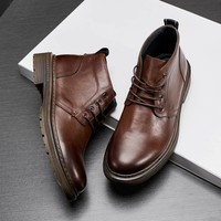 Bottes pour hommes automne/hiver mi-mollet rétro décontractées en cuir à bout rond pour l'extérieur en cuir de vachette à lacets à semelle épaisse antidérapantes