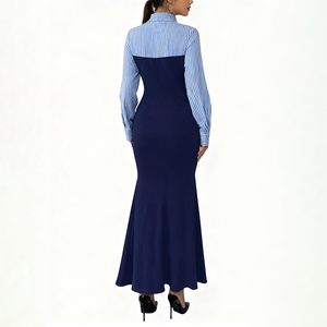 Nouvelle robe maxi tendance pour femmes, style sirène, robe de bureau pour femmes, col chemise rayé, manches longues, robe pour le travail - Product Image 3