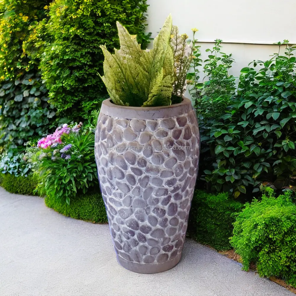 Açık dekorasyon için büyük uzun boylu gri taş etkisi reçine ekici Pot şık ve dayanıklı bir bahçe konteyner