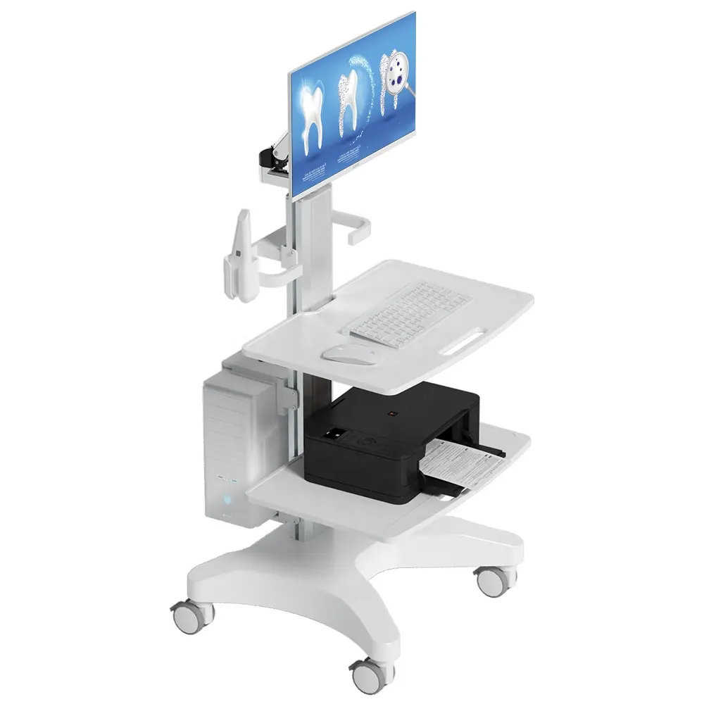 Nuovo Design prezzo all'ingrosso ABS plastica alluminio mobili ospedalieri carrello medico con Scanner orale Computer portatile e 2 vassoi