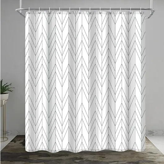 Moderner grauer und weißer Fischgräten-Dusch vorhang Bauernhaus-Polyester-Bad vorhang