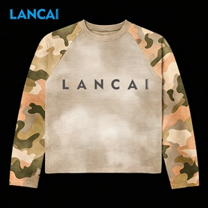 Lancai Custom Breathable Patchwork <b>Camouflage</b> Long Sleeve Waffle Raglan Sleeve T Shirt Men's Distressed Print Cotton Cargo - Product Image 2