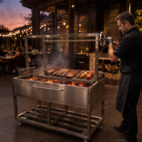 Barbecue au charbon de bois moderne haut de gamme style Santa Maria en acier inoxydable avec manivelle et chariot pour cuisson à feu ouvert