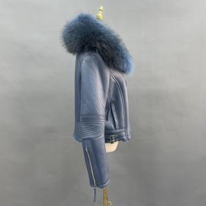 Popular Design Shearling Leather <strong>Jacket</strong> Fashion Huge Raccoon Fur Collar <strong>Sheepskin</strong> Leather <strong>Jacket</strong> - Product Image 5