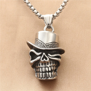 European American Style <b>Titanium</b> Steel Skull Pendant With Top Hat Retro Punk Men's Necklace Stainless Steel Fashion Charm - Product Image 1