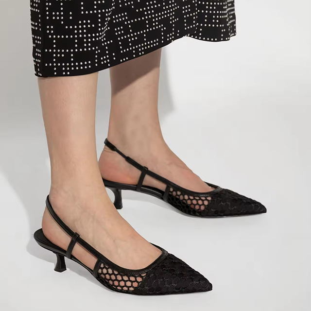 High Quality Fashion Sexy Slingback Pointed Toe Kitten Heeled Pumps Black Mesh New Styles Low Heels Shoes for Women