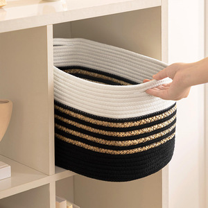 Cotton Rope Woven Storage Basket Rectangle Large Capacity For Toys Snacks Household Organizer White Black Striped - Product Image 1