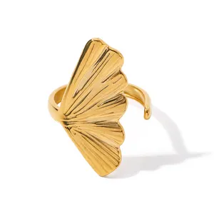 New Arrival Stainless Steel 18K Gold Plated Ring Gift Opening Ginkgo Leaf Shaped Rings For Women