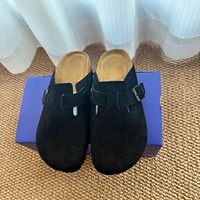 Mules plates d'extérieur de qualité supérieure en cuir véritable et daim, avec semelle en liège, fourrure élégante, pour femmes