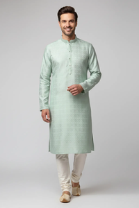 Mint Green Self-Design Nehru Collar <b>Kurta</b> Set Elegant Ethnic Wear for Festive and Traditional Occasions for <b>Men</b> - Product Image 5