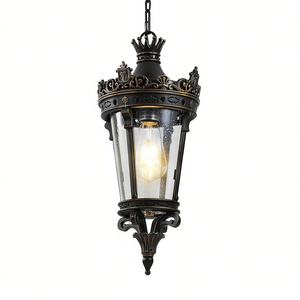 Lanterne suspendue d'extérieur Antique Crown, 18 pouces de haut, étanche, style vintage, en verre transparent et métal, éclairage de jardin - Product Image 1