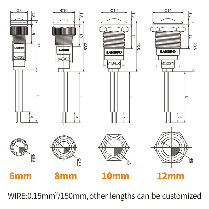 LANBOO 6MM 8mm 10MM 12mm micro garage red green blue3-8v 9-24v 48v 110v 220v 250v led indicator light price