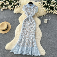 Robe décontractée sirène élégante pour femme WIWT, rose, en dentelle ajourée, col rabattu, manches courtes, avec ceinture, pour tous les jours et les soirées