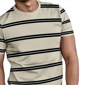Camiseta de Punto de Manga Corta con Cuello Redondo y Rayas Beige para Hombre, Corte Regular, Ropa Casual, Poliéster/Algodón, Secado Rápido, Serigrafía - Product Image 3