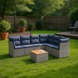 Ensemble de canapés de patio en polyrotin gris 6 places avec coussins, mobilier de jardin extérieur au design contemporain - Product Image 2