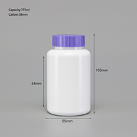 Bouteille vide en plastique blanc de 175 ml pour médicaments et vitamines, avec logo personnalisé et différents types de bouchons