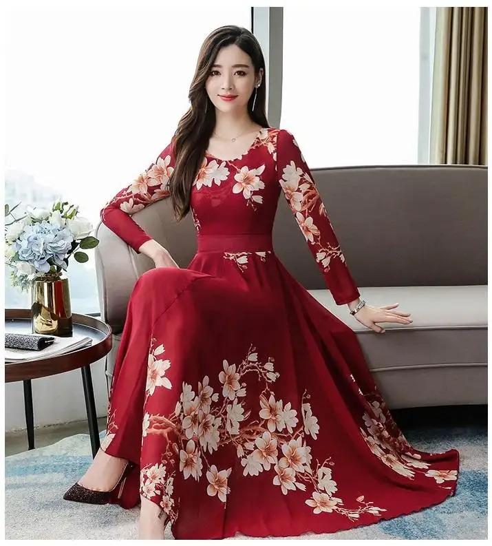 HKRED Factory Price Wholesale 2022 Fashion Women Long Sleeve Elegant Floral Print Casual Dress For Cheap Women Dresses For Women