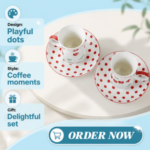 Classico <span class=keywords><strong>Piattino</strong></span> in Ceramica Rosso a Pois <span class=keywords><strong>con</strong></span> Tazza Abbinata <span class=keywords><strong>con</strong></span> Stampa di Ciliegie, Ideale per Servizio Tè del Pomeriggio o Set Regalo - Product Image 2