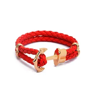 Pulsera de cuerda de cuero tejido a mano con ancla de gancho Europeo Americano, oferta